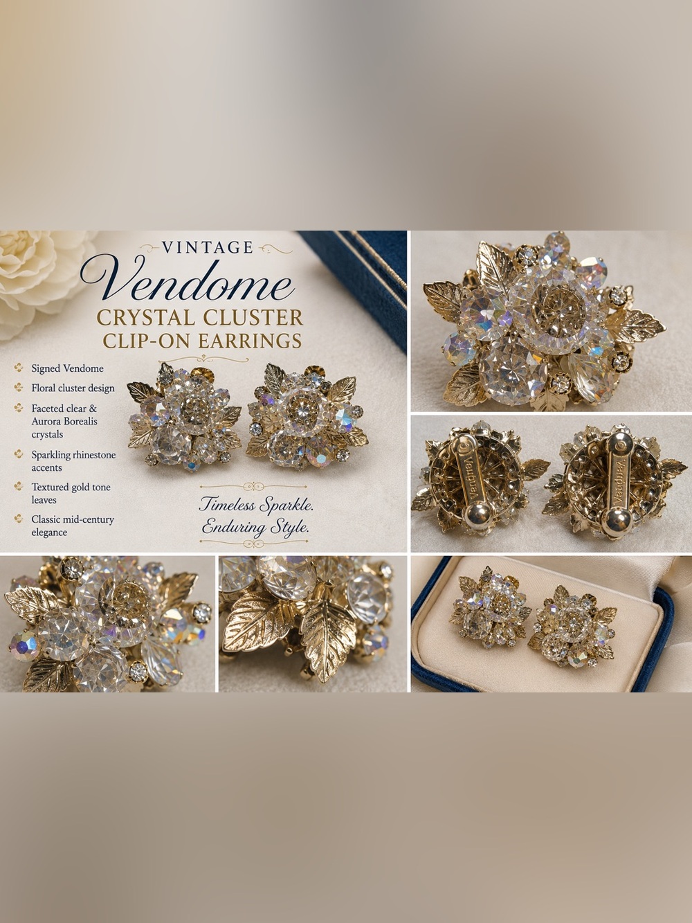 Vendome Vintage Gold-Tone Aurora Crystal Cluster Clip Earrings